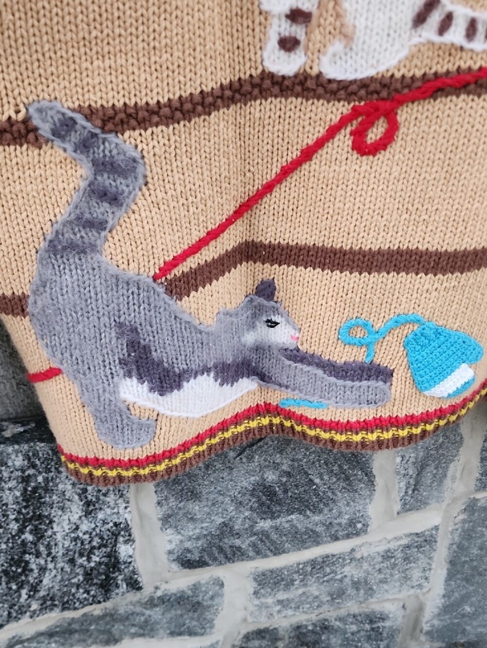 Storybook Knits Beige Cat Embroidered Cardigan with Multicolor Trim - Picture 6 of 16
